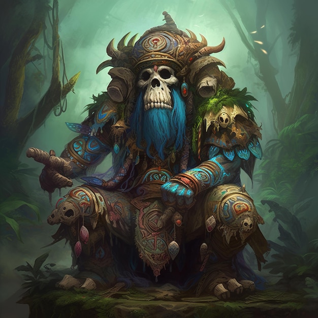 A painting of a man with a skull on his head sits in a forest