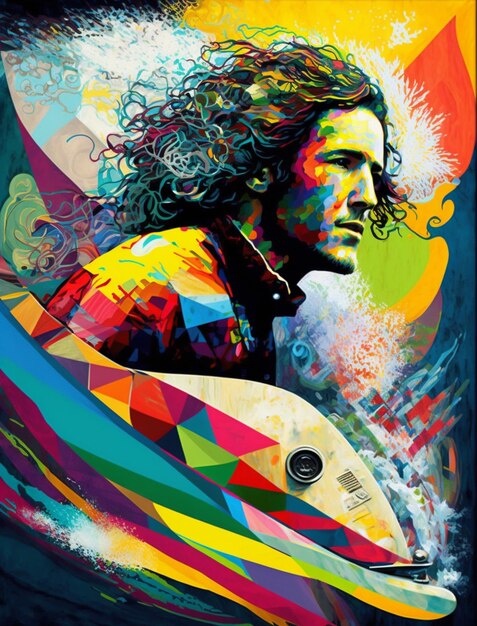 Painting of a man with a surfboard in a colorful painting generative ai