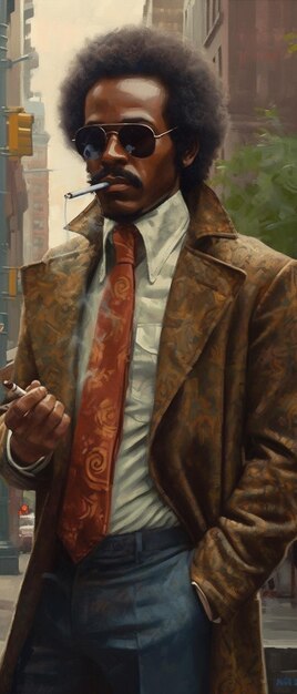 A painting of a man with a tie that says'the man is smoking '