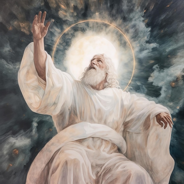 A painting of a man with a white beard and a white shirt with the word god on it.