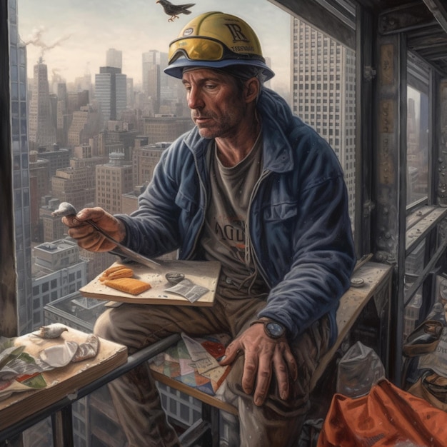 A painting of a man with a yellow hard hat and a construction helmet eating a piece of bread.