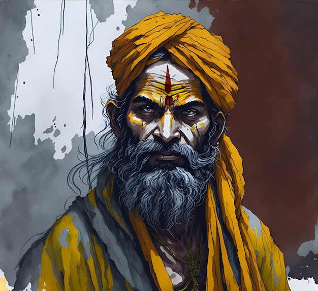 A painting of a man with a yellow turban on his head