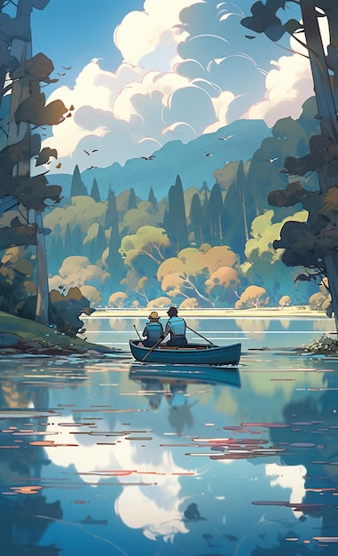 A painting of a man and woman in a boat on a lake.