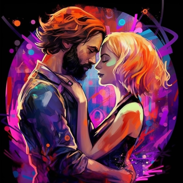 A painting of a man and woman embracing in front of a colorful background generative ai