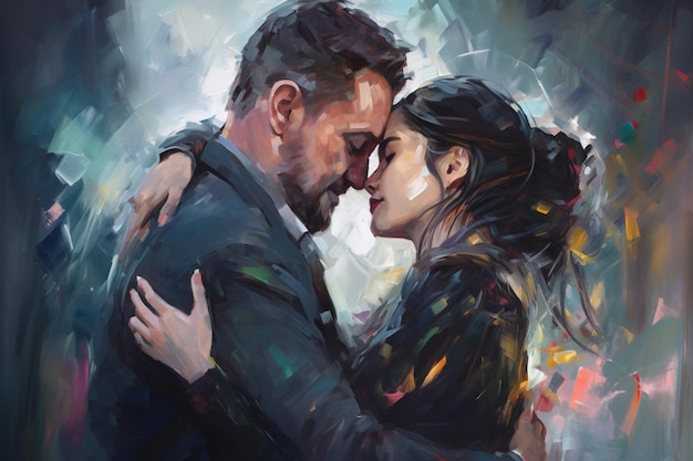 A painting of a man and woman embracing