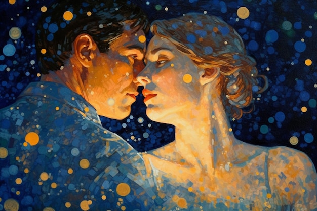 A painting of a man and woman embracing.