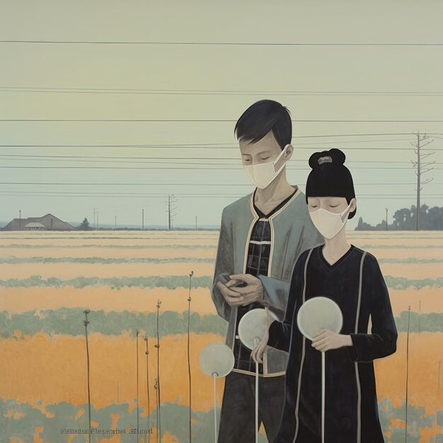 a painting of a man and a woman in a field with a woman in a mask