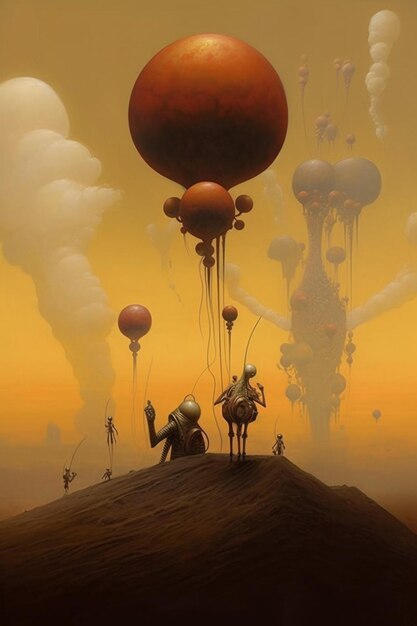 A painting of a man and a woman on a hill with balloons and a sky full of smoke