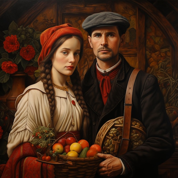 painting of a man and woman holding a basket of fruit generative ai