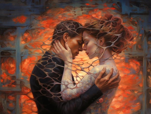 A painting of a man and woman hugging each other.