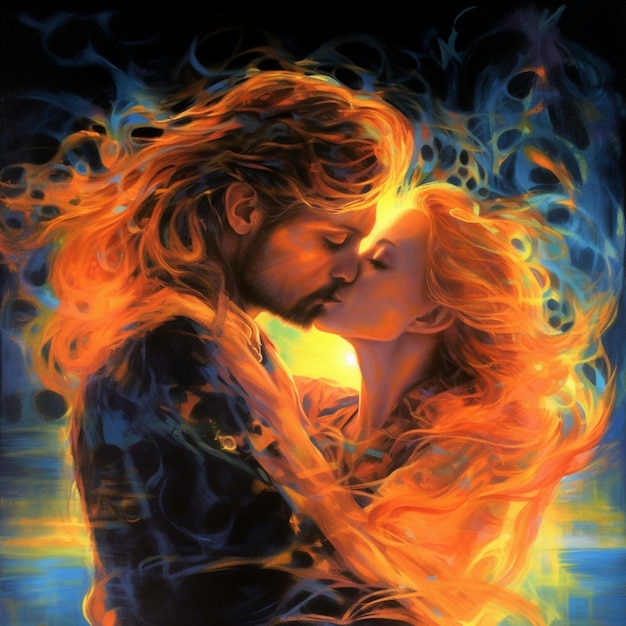 Photo painting of a man and woman kissing in a fire filled scene generative ai