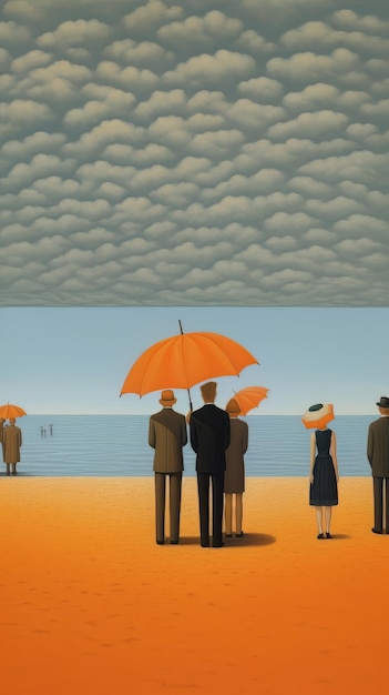 A painting of a man and woman under an orange umbrella