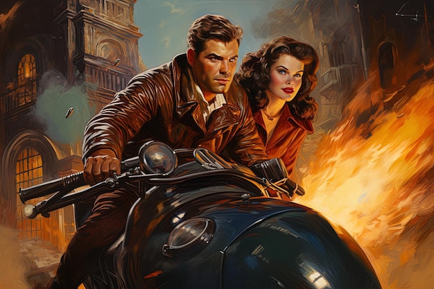 Photo a painting of a man and woman riding a motorcycle with the words  the  love  on the side