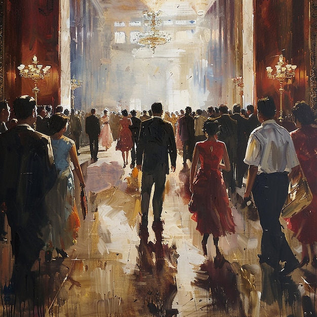 a painting of a man and woman walking down a hallway