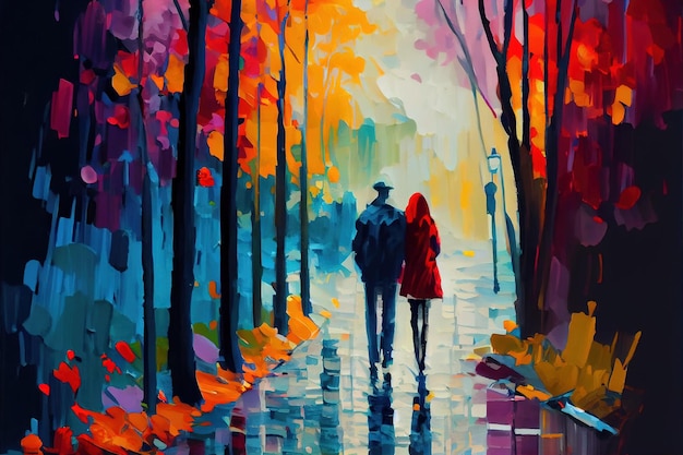 A painting of a man and a woman walking in the rain generative AI