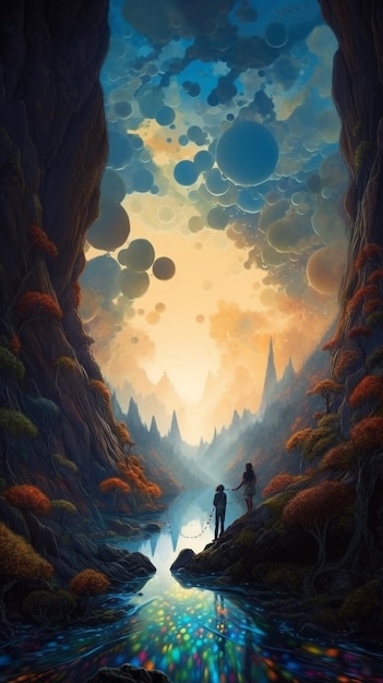 A painting of a man and woman walking in a tunnel with a sky background.