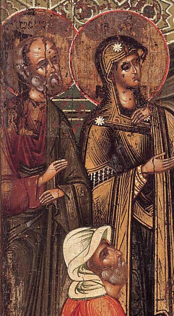 a painting of a man and a woman with a cross on the back