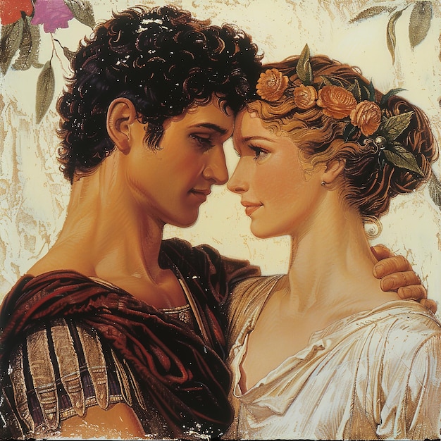 a painting of a man and a woman with flowers on their necks and the word  love
