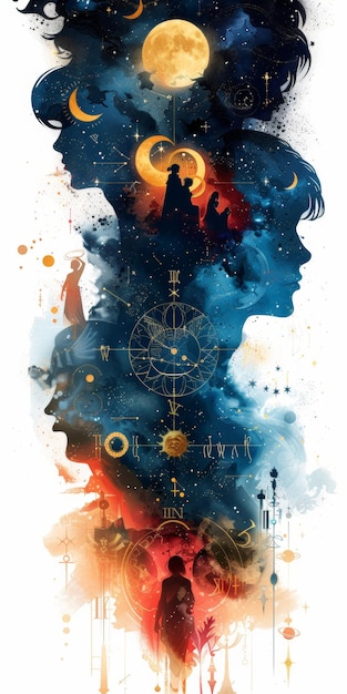 男性と女性の絵画 背景に満月が描かれているカップル シルエット 占星術と