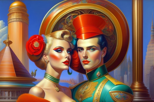 A painting of a man and woman with a large hat on it.