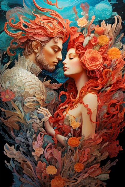 painting of a man and woman with red hair and flowers generative ai