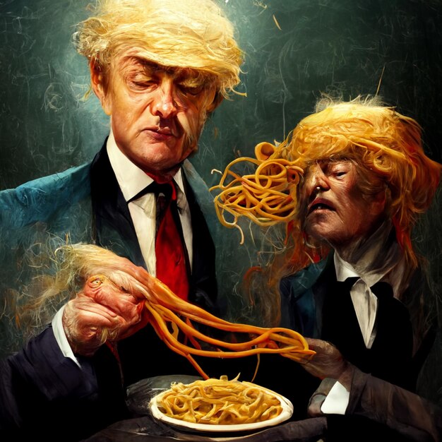 Foto dipinto di un uomo e una donna con gli spaghetti sulla testa