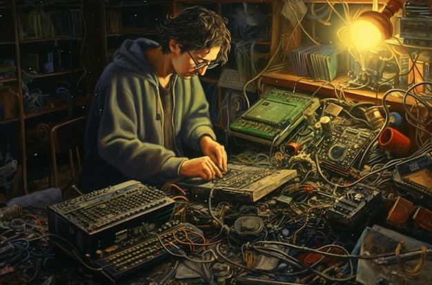 A painting of a man working on a computer.