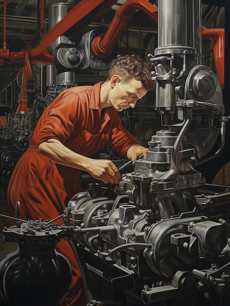 Photo a painting of a man working on a train with a red shirt