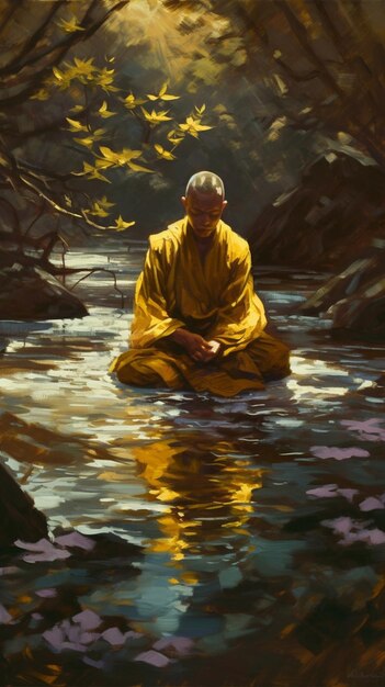 Photo painting of a man in a yellow robe sitting in a river generative ai