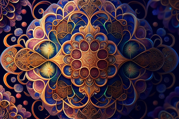 A painting of a mandala with a pattern of colors and shapes.