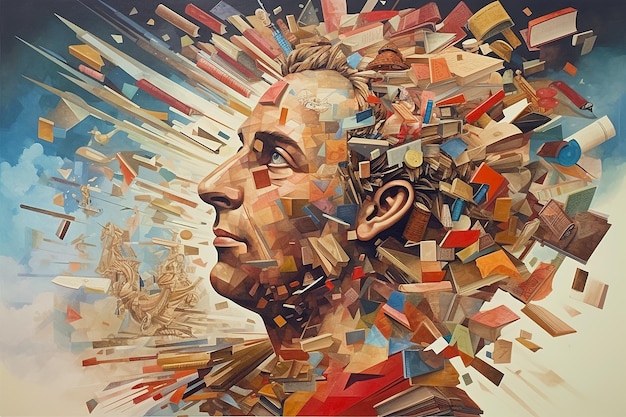 A painting of a mans head with a lot of books coming out of it generative ai image