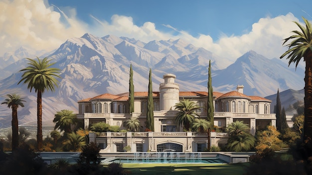 Photo a painting of a mansion with mountains in the backgroun