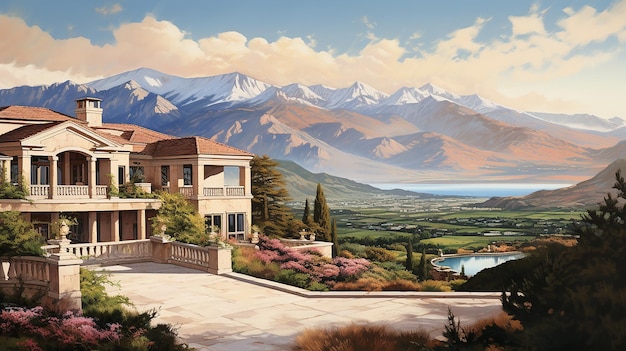 Photo a painting of a mansion with mountains in the backgroun