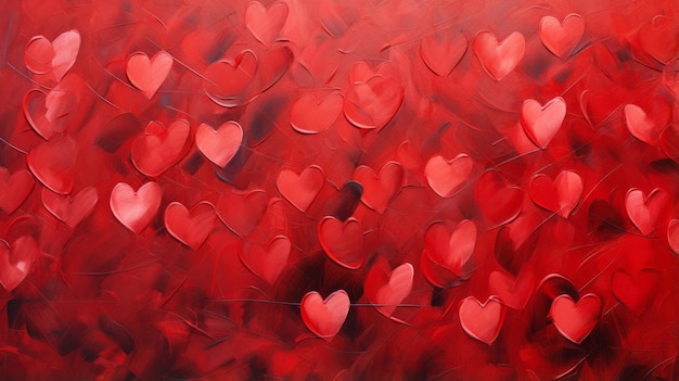 A painting of many hearts on a red background