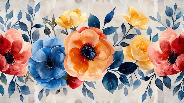 painting of many orange blue yellow flowers on white background