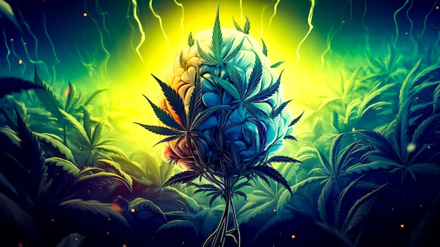 Photo painting of marijuana plant in the middle of field of leaves generative ai