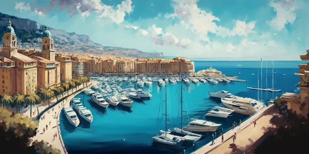 A painting of a marina with a blue sky and clouds