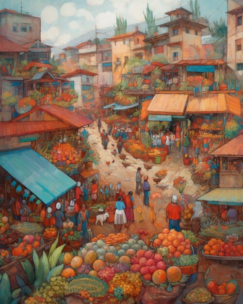 A painting of a market with a bunch of people and a sign that says " the city is on the bottom right. "
