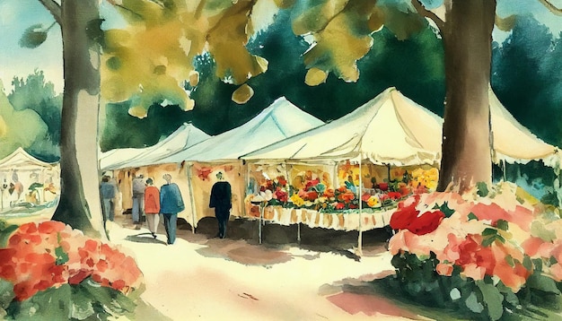 A painting of a market with a couple walking past it.