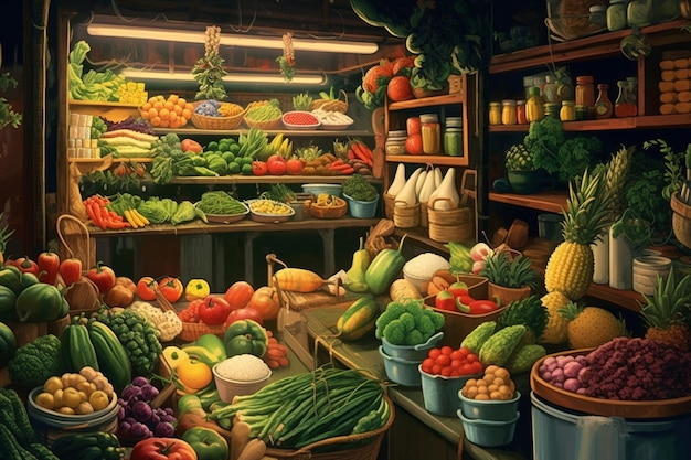 A painting of a market with a large display of fruits and vegetables.