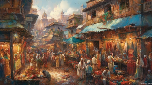 A painting of a market with a man wearing a white robe and a blue shirt.