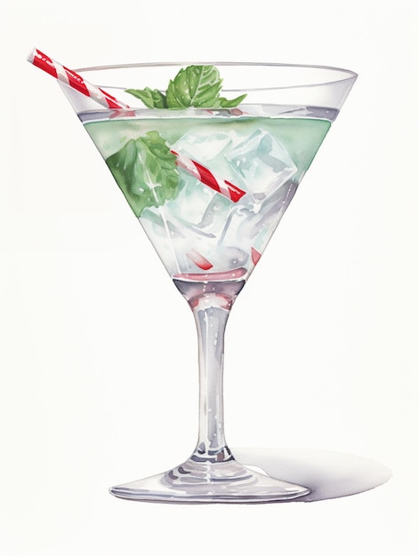 painting of a martini glass with ice and mint leaves generative ai