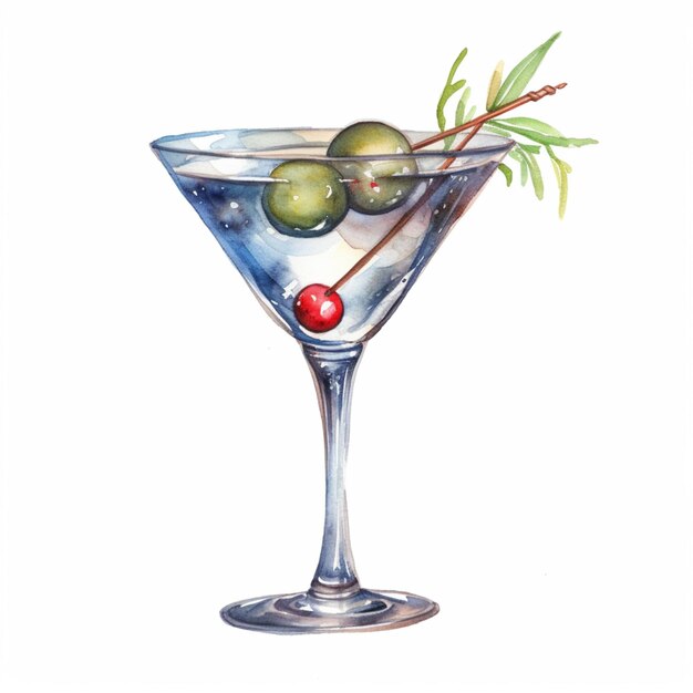 painting of a martini glass with olives and a twig generative ai