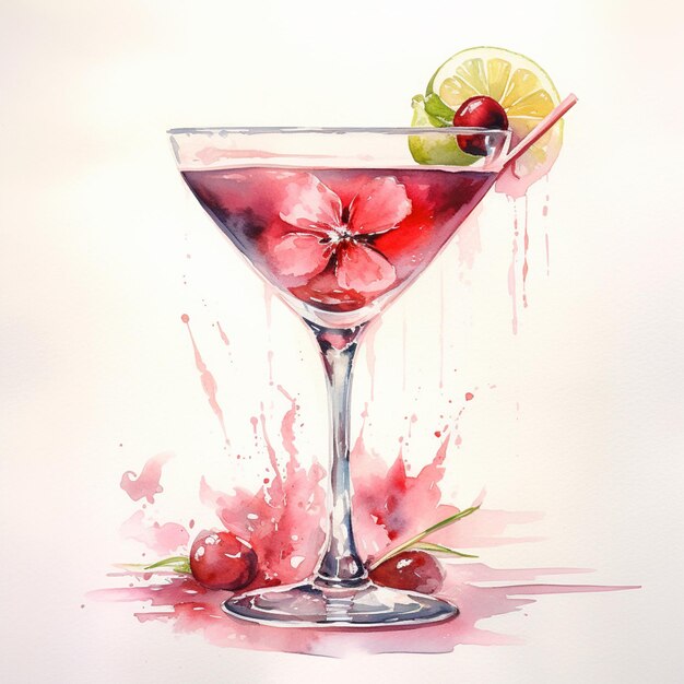 painting of a martini with a cherry garnish and lime garnish generative ai