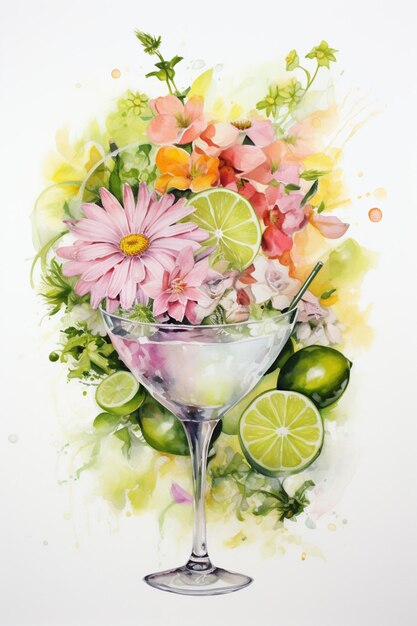 Foto dipinto di un martini con fiori e lime in esso generativo ai