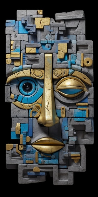 A painting of a mask with the word god on it