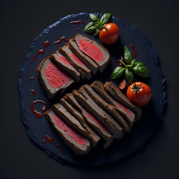 A painting of meat with tomatoes on it