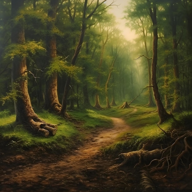 painting of medieval woodland with clearing