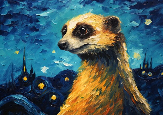 Painting of a meerkat looking at the night sky generative ai