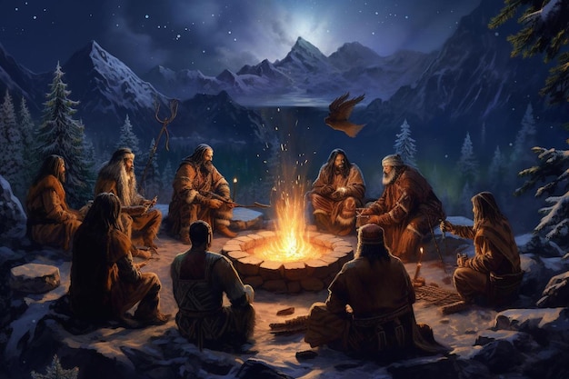 산을 배경으로 캠프파이어 주위에 있는 남자들의 그림입니다.